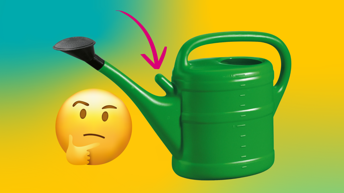 grüne Gießkanne mit nachdenkendem Emoji vor grün-gelbem Hintergrund