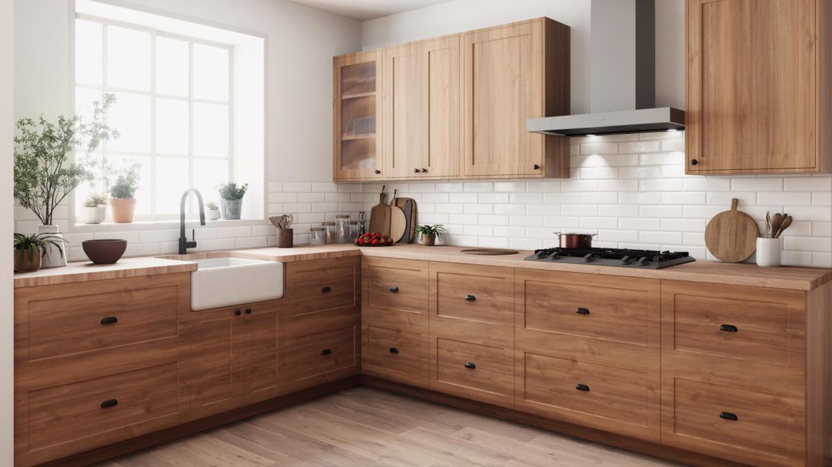 Große Küche mit Holzoptik ohne Backofen.