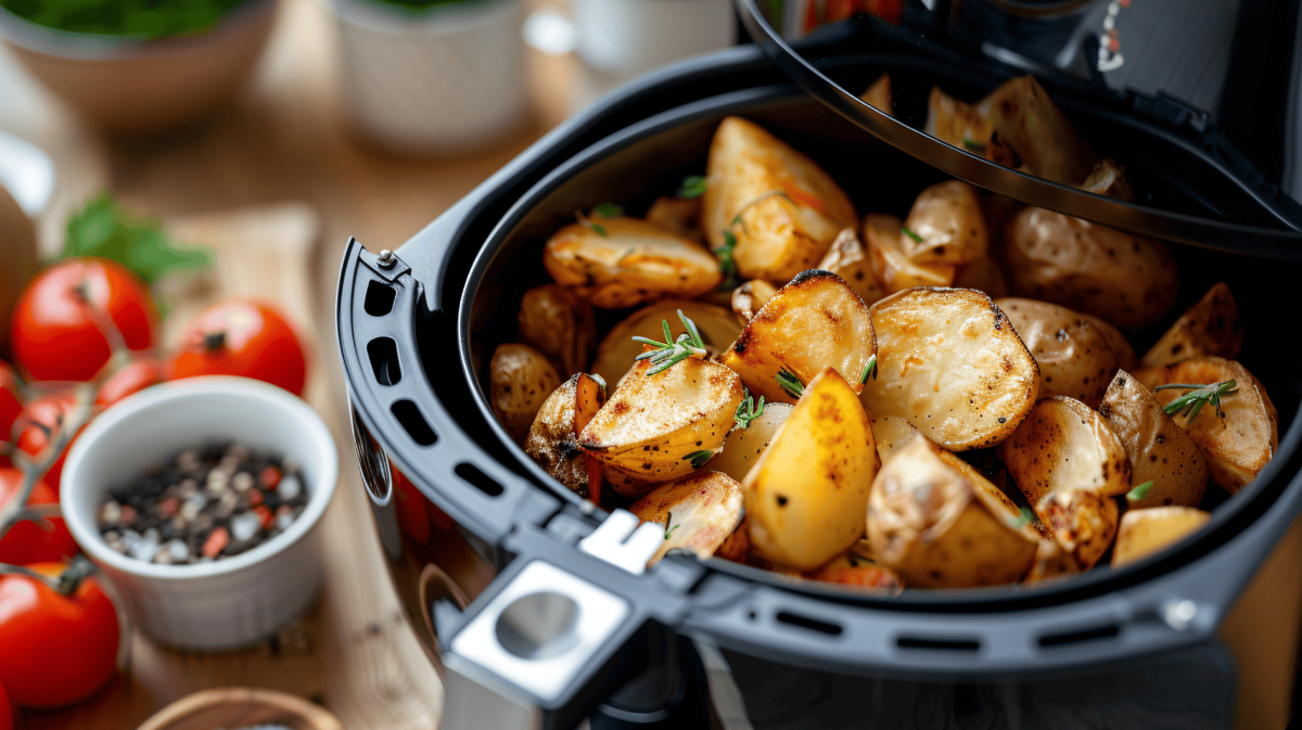 Bratkartoffeln in Korb von Airfryer.