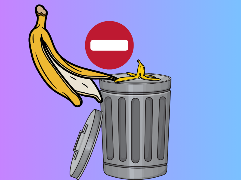 Bunter Hintergrund mit einem Stoppschild und Bananenschalen über einer Mülltonne