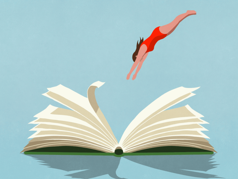 Illustration von einem geöffneten Buch, in das eine Schwimmerin springt.
