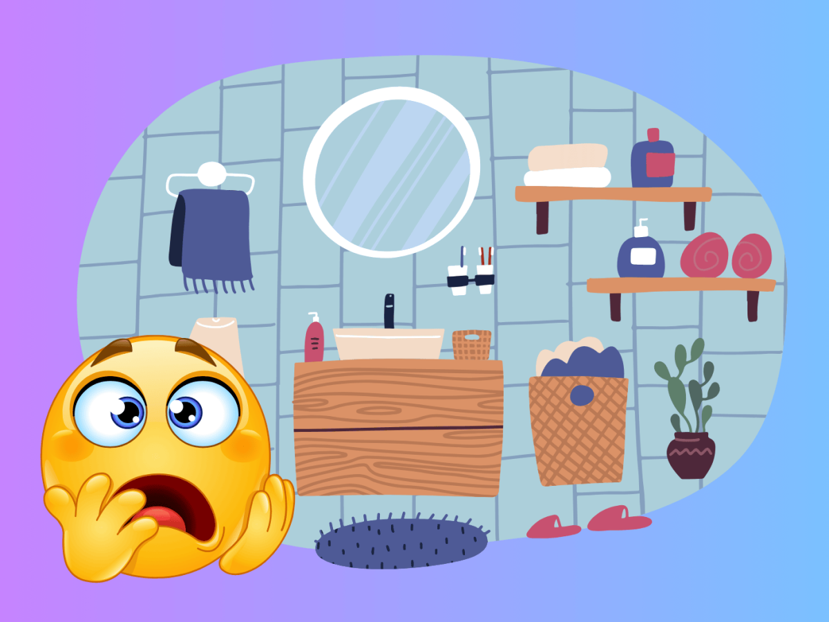 Zeichnung eines Badezimmers mit erschrockenem Emoji links unten.
