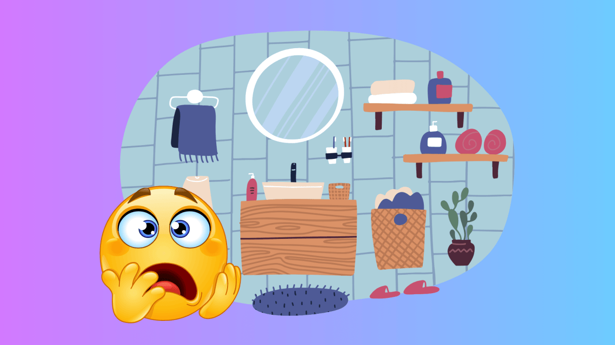 Zeichnung eines Badezimmers mit erschrockenem Emoji links unten.