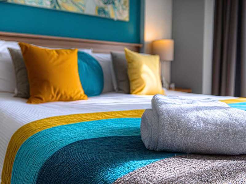 Farbenfrohes Hotelzimmer mit ordentlich gefalteten Handtüchern auf dem Bett.