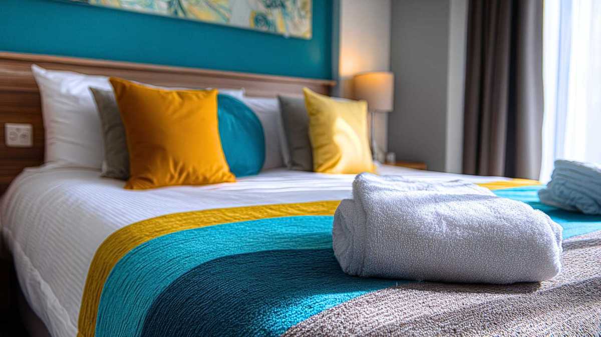 Farbenfrohes Hotelzimmer mit ordentlich gefalteten Handtüchern auf dem Bett.