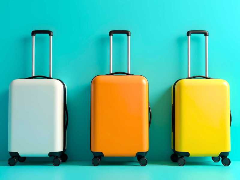 Drei bunte Koffer aufgereiht vor türkisfarbenem Hintergrund.