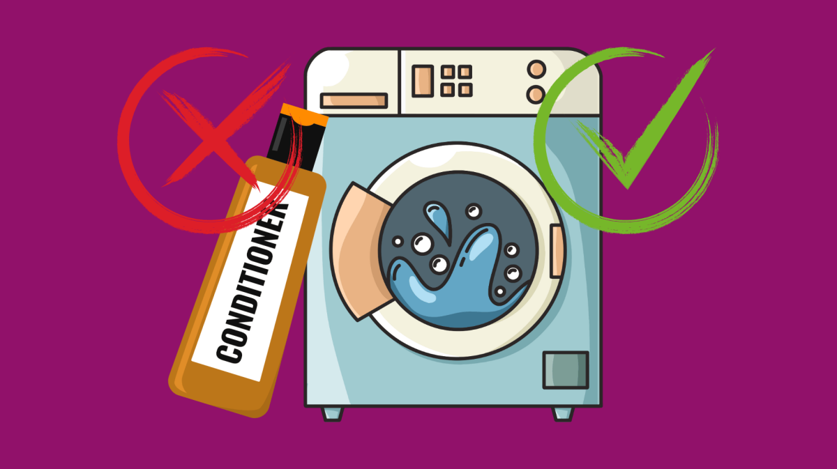 Grafik einer Waschmaschine und einer Conditionertube auf Lila Hintergrund mit Ja und Nein Zeichen.