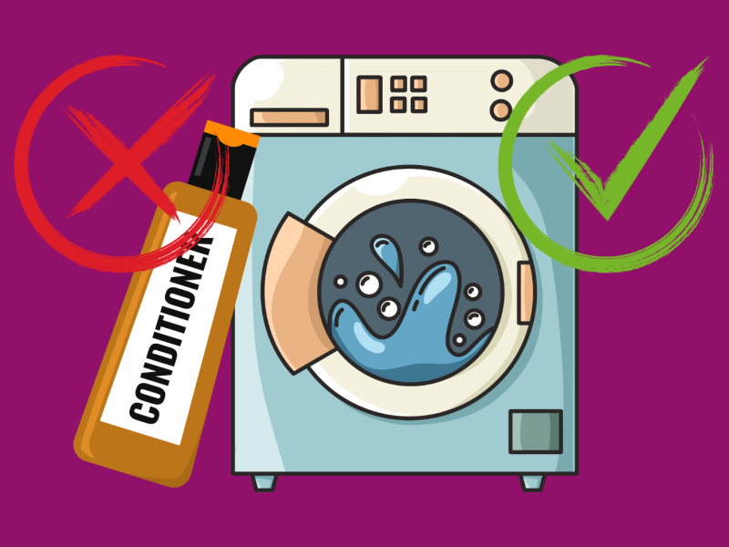 Grafik einer Waschmaschine und einer Conditionertube auf Lila Hintergrund mit Ja und Nein Zeichen.