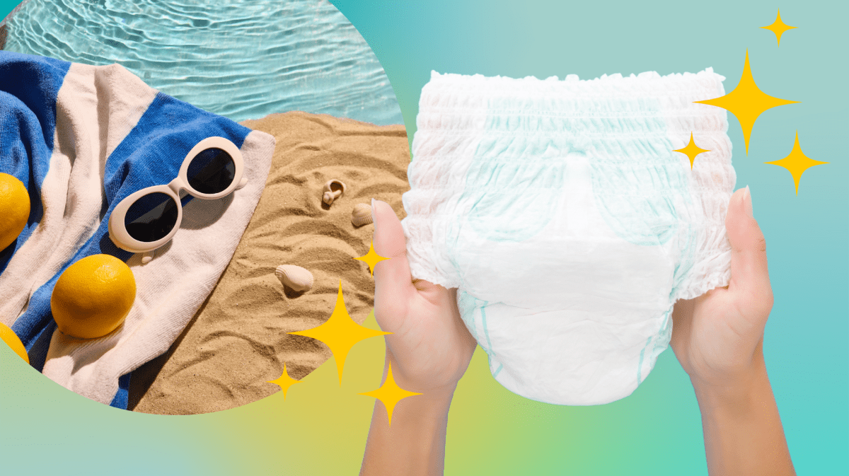 Fotomontage mit Strandbild und Windeln in Händen