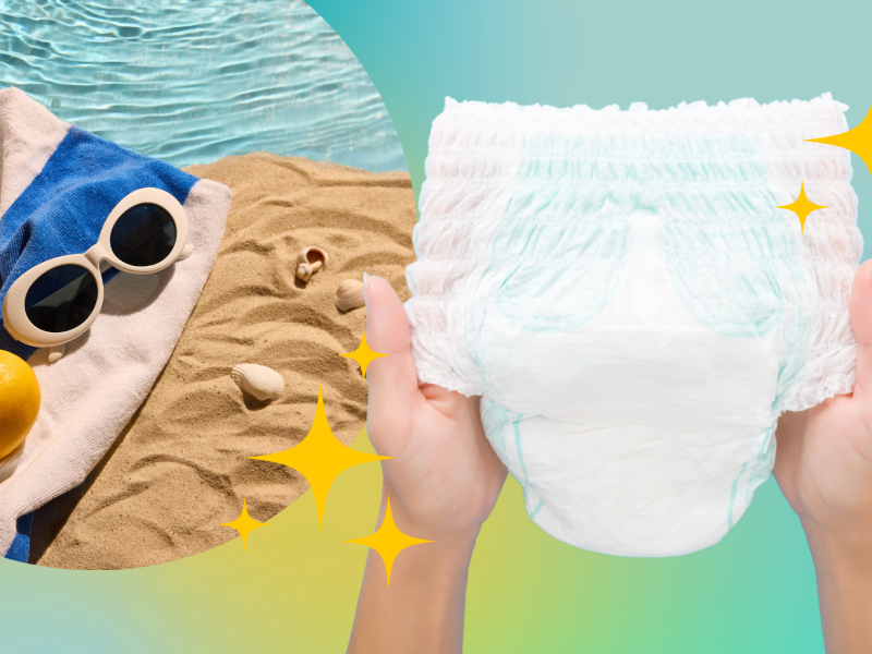 Fotomontage mit Strandbild und Windeln in Händen