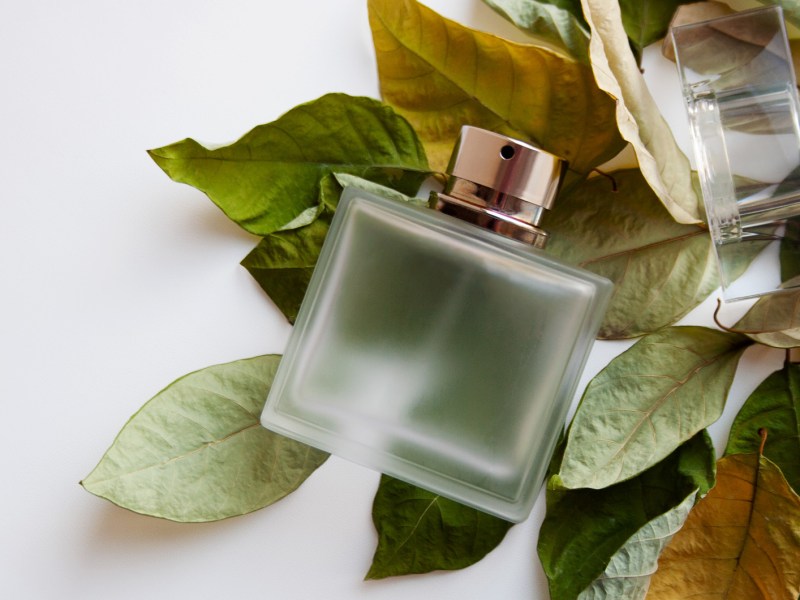 Parfum-Flakon, der auf getrockneten Herbst-Blättern liegt.