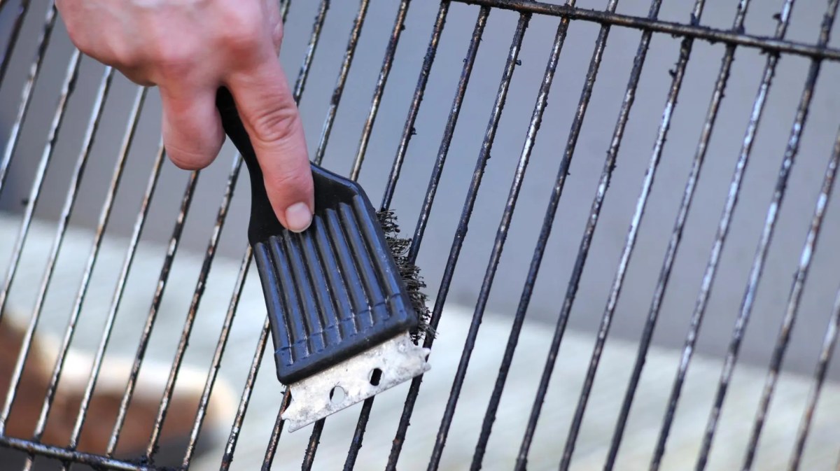 Grillrost wird mit einer Bürste gereinigt.