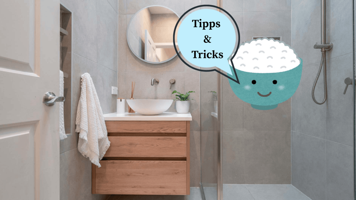 Bild von einem Badezimmer plus einer Zeichnung von einer Schale Reis und einer Sprechblase mit Tips & Tricks
