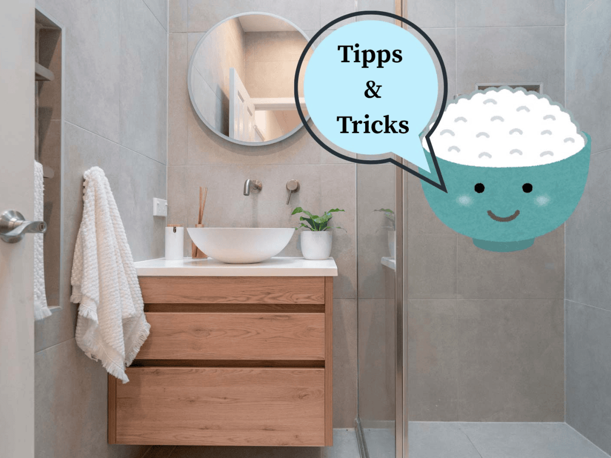 Bild von einem Badezimmer plus einer Zeichnung von einer Schale Reis und einer Sprechblase mit Tips & Tricks