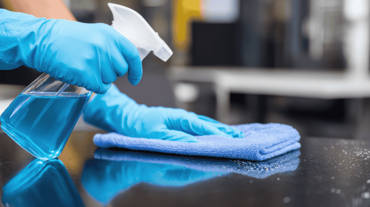 Person wischt mit Lappen über Oberfläche.