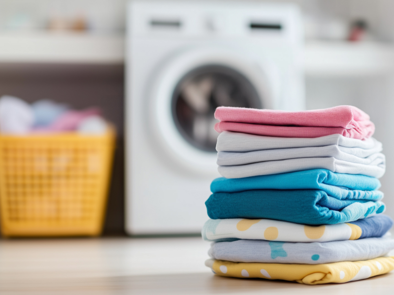 Bunter Wäschestapel vor einer Waschmaschine im Badezimmer - KI generiertes Bild