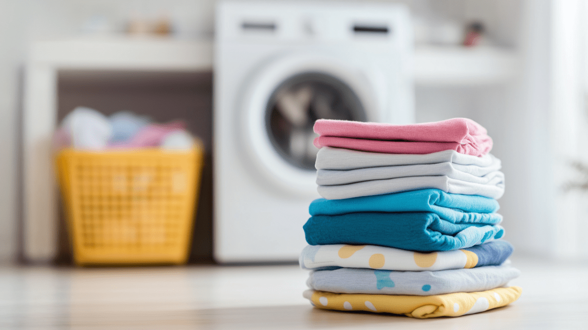 Bunter Wäschestapel vor einer Waschmaschine im Badezimmer - KI generiertes Bild