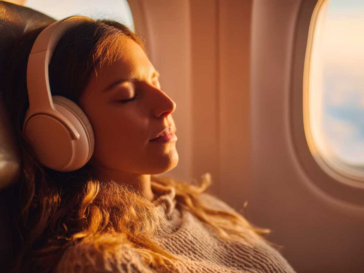 Junge Frau schl&auml;ft im Flugzeug.