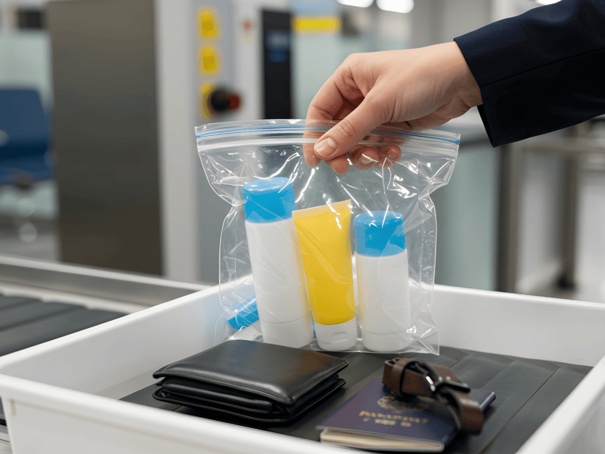 Person legt transparenten Beutel mit 100-ml-Flaschen in Behälter bei Flughafenkontrolle.