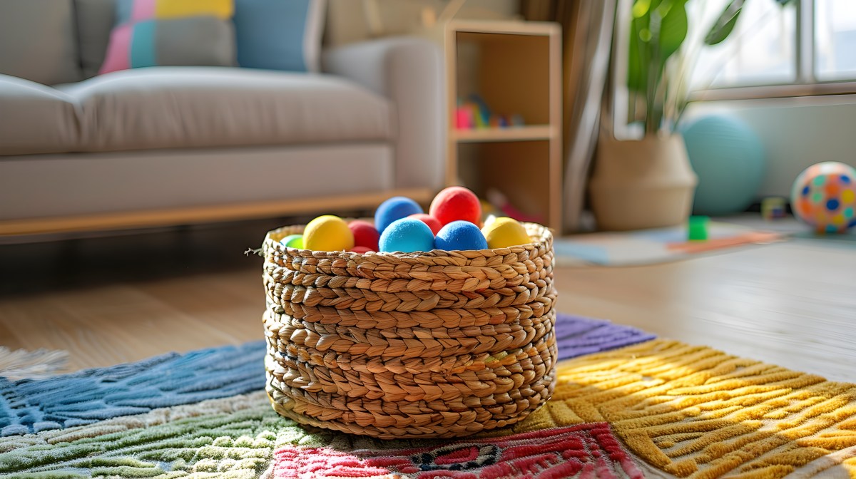 Bastkorb mit bunten Bällen.