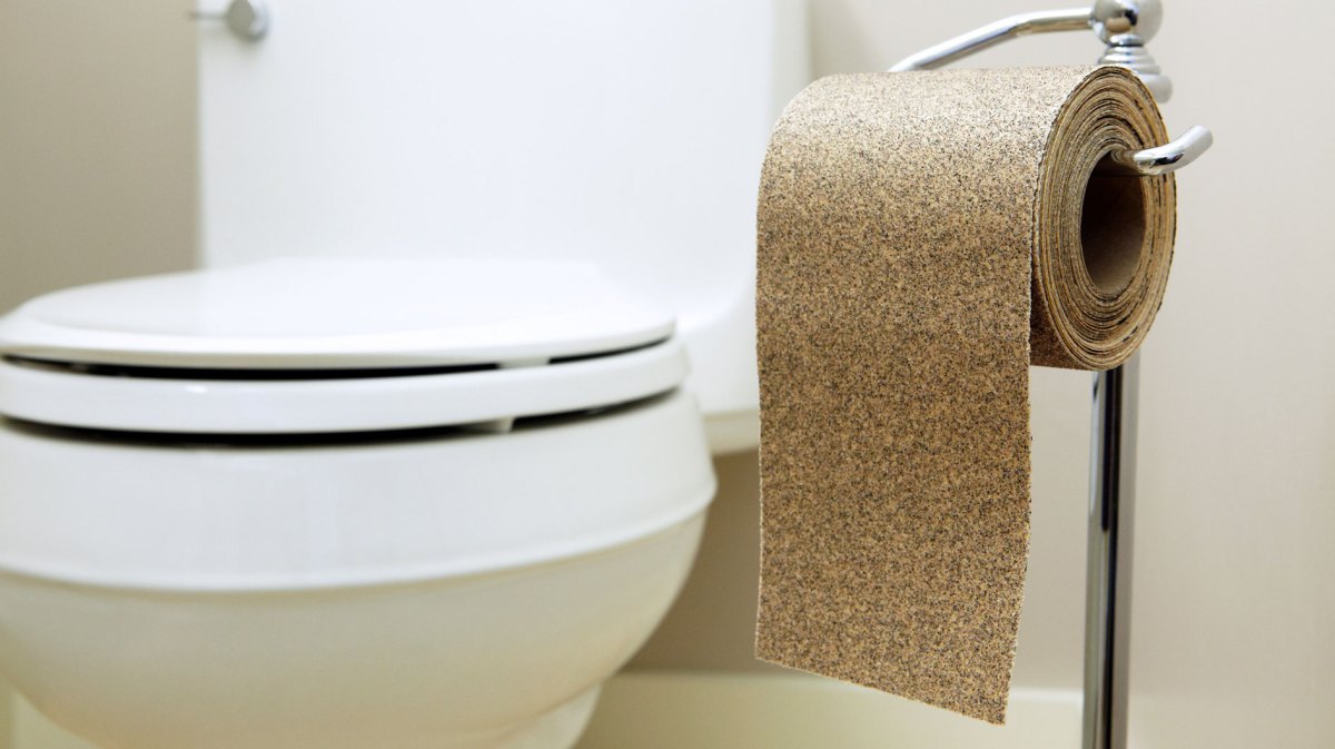 Toilette, daneben ein Klorollenständer mit einer Rolle Schleifpapier.