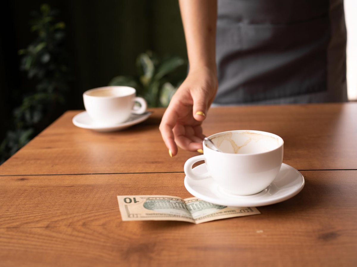 Kellnerin nimmt sich Trinkgeld im Caf&eacute;