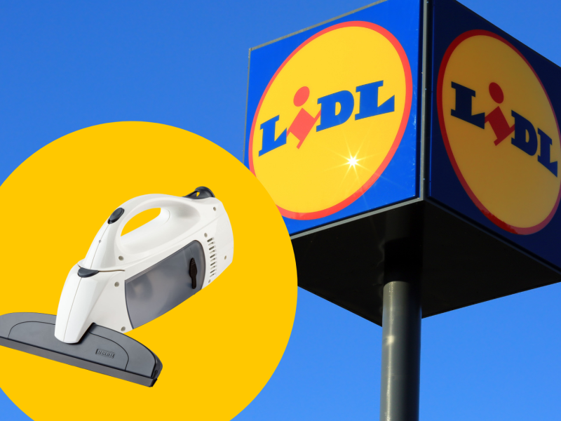 Fenstersauger und Lidl Schild vor blauem Hintergrund