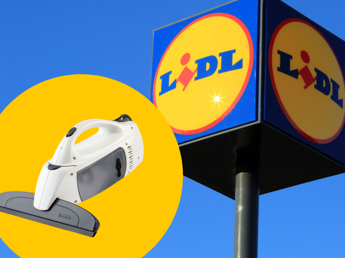 Fenstersauger und Lidl Schild vor blauem Hintergrund
