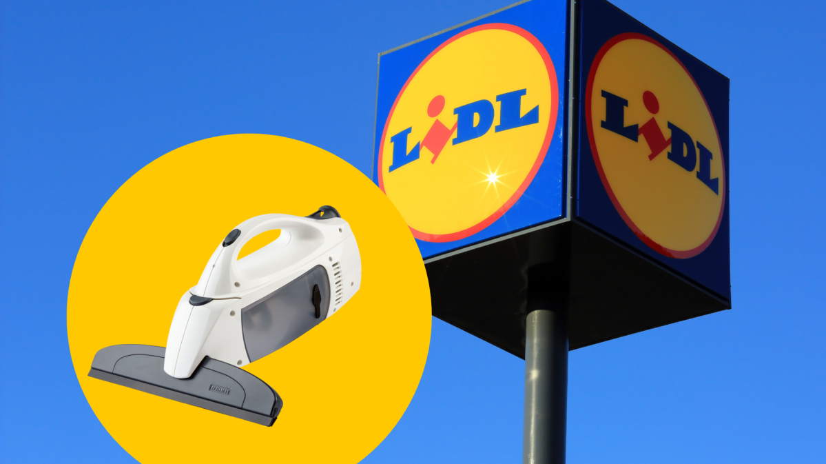 Fenstersauger und Lidl Schild vor blauem Hintergrund