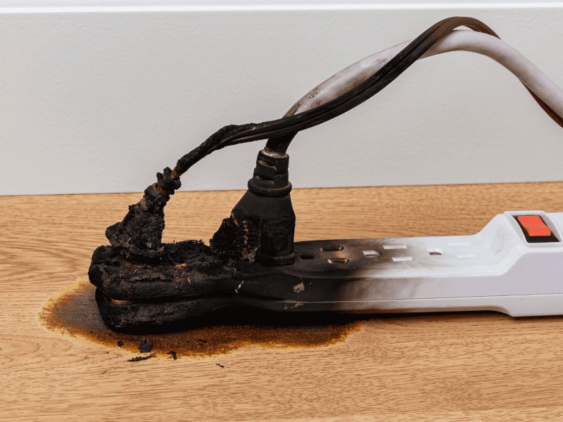 Mehrfachsteckdose mit zwei angebrannten, eingesteckten Kabeln.