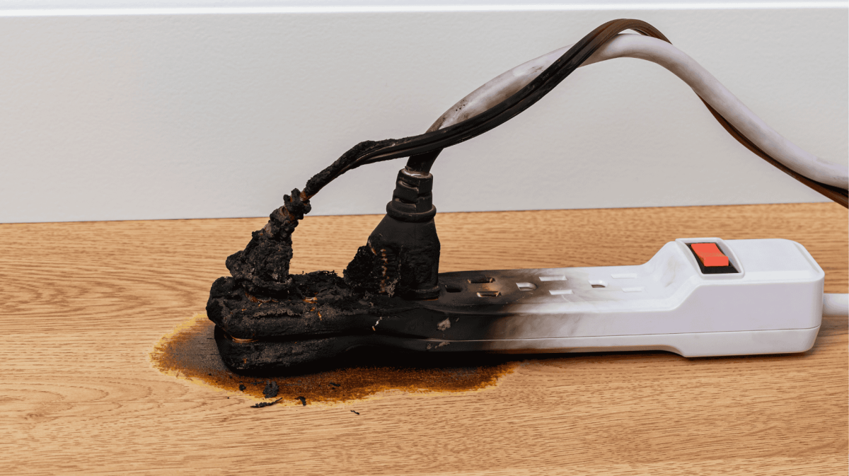 Mehrfachsteckdose mit zwei angebrannten, eingesteckten Kabeln.