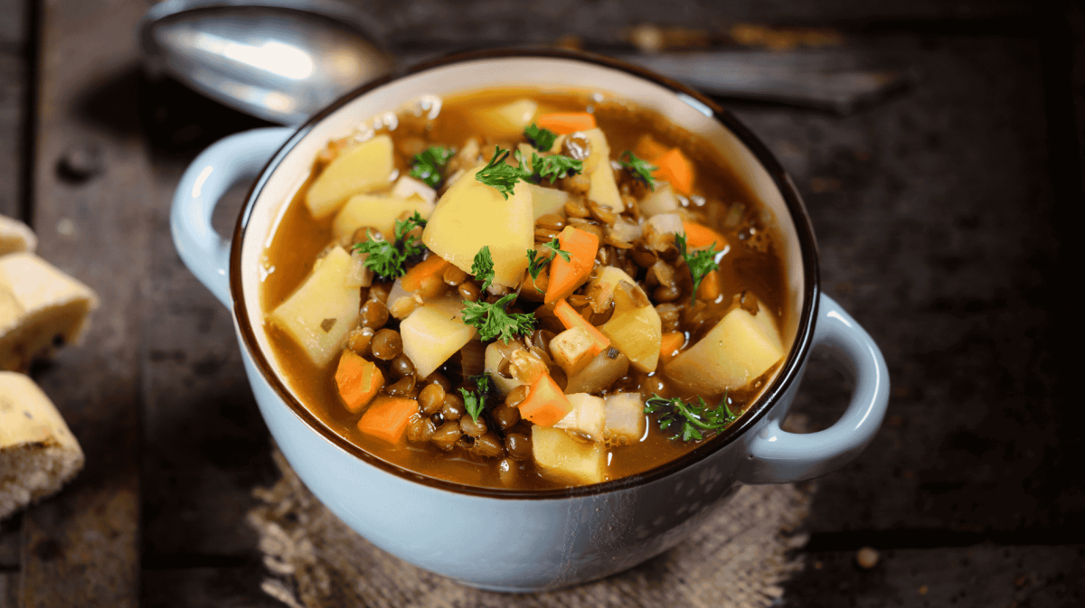Linseneintopf mit Kartoffeln und Karotten in hellblauer Schüssel.