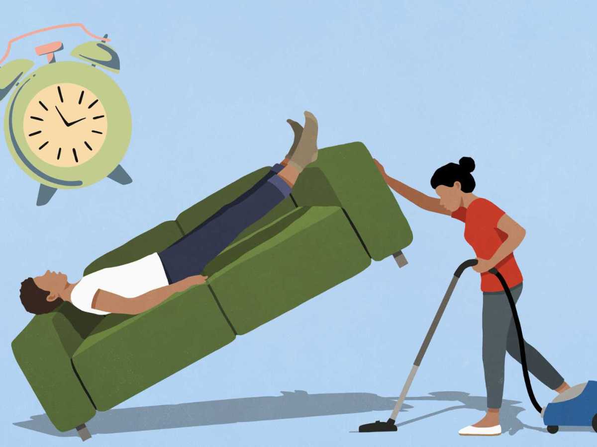 Grafik einer Frau, die unter dem Sofa saugt auf dem ein Mann liegt