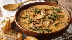 Cremige Pilzsuppe in einer braunen Schüssel.