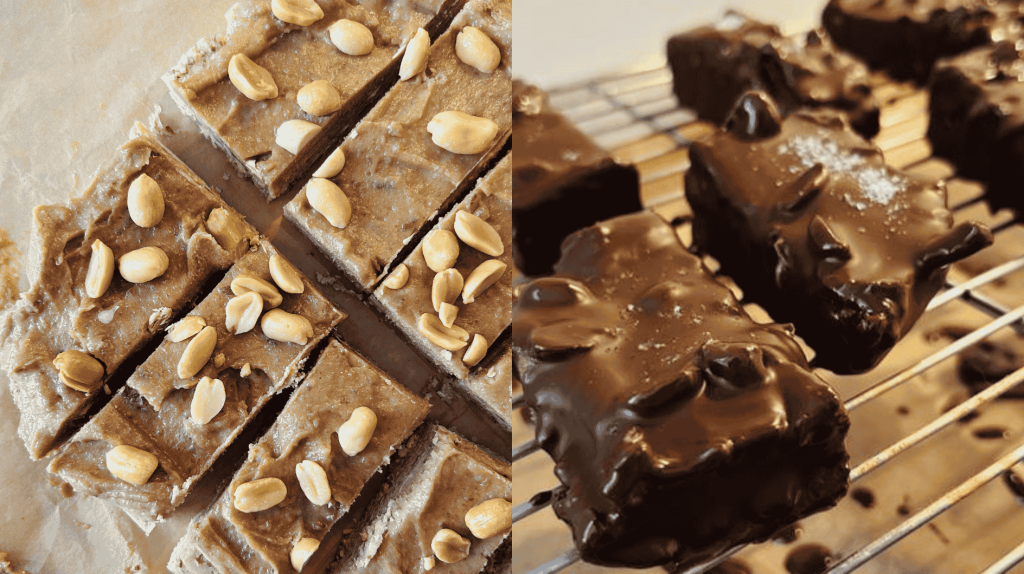 Selbstgemachte Schokoriegel mit Erdnüssen.