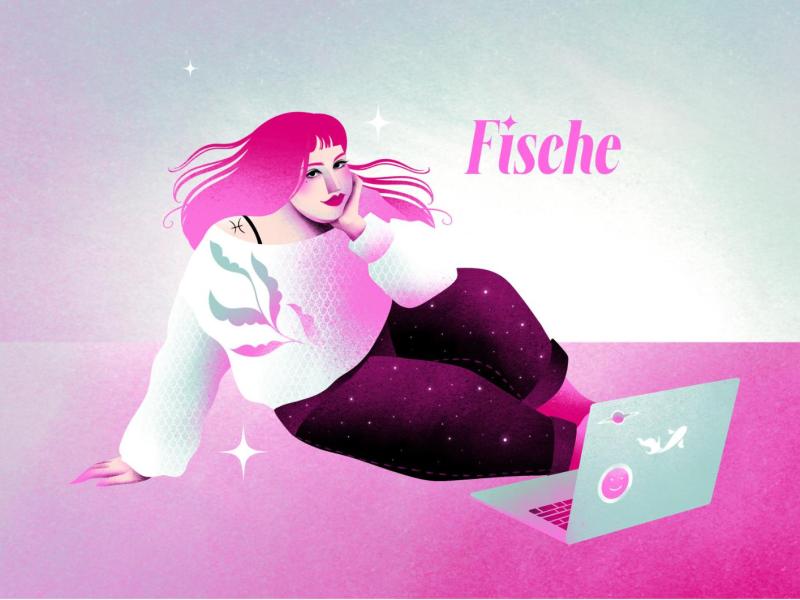 Stylisierte Fische-Frau mit flie&szlig;endem Haar lehnt locker am Boden, ein t&uuml;rkisfarbener Laptop mit Fischsymbol vor ihr.