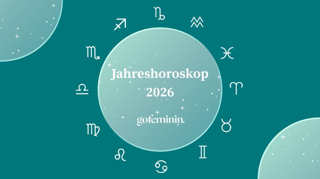 Grafische Darstellung aller Sternzeichen rund um einen hellen Kreis mit Text „Jahreshoroskop 2026“ und Logo von gofeminin.