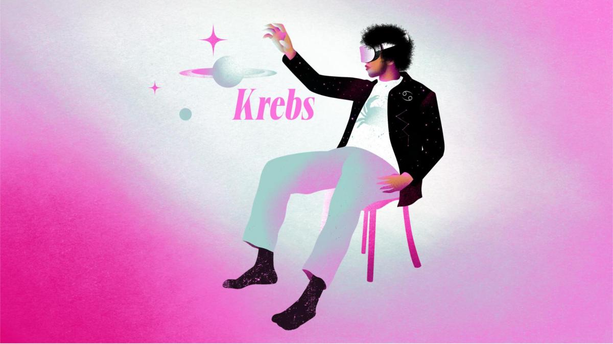 Stylisierter Krebs-Mann mit weißem Shirt und schwarzen Locken sitzt verträumt auf Stuhl und interagiert mit einem Planeten.