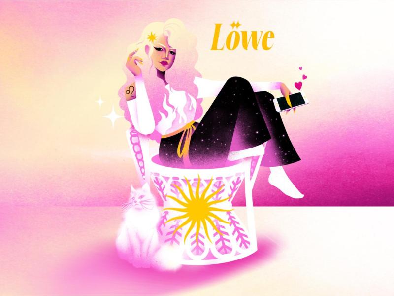 Junge Frau mit galaktischer Hose, wei&szlig;em Oberteil und Schmollmund lehnt l&auml;ssig mit Handy auf pinkem Stuhl, neben ihr eine Katze.