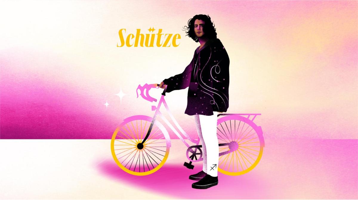 Stylisierter Schütze mit weißer Hose und astrologischem Symbol hält verträumt ein Fahrrad vor rosarotem Hintergrund.