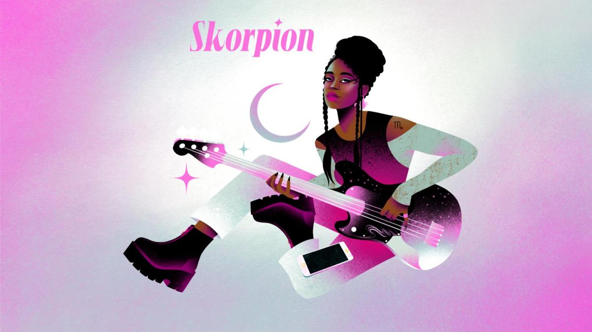 Stylisierte Musikerin mit dunkler Haut, Plateau-Stiefeln und schwarzem Bass sitzt cool im Schein eines magischen Halbmonds.