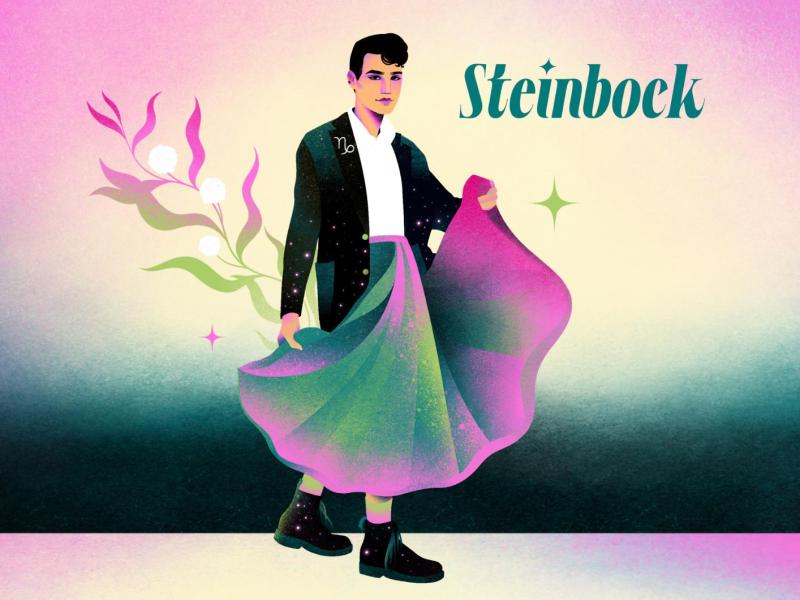 Stylisierter Steinbock mit ernstem Blick und Bl&uuml;ten im Hintergrund tr&auml;gt einen weiten Rock und galaktische Stiefel.