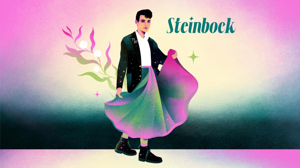 Stylisierter Steinbock mit ernstem Blick und Blüten im Hintergrund trägt einen weiten Rock und galaktische Stiefel.