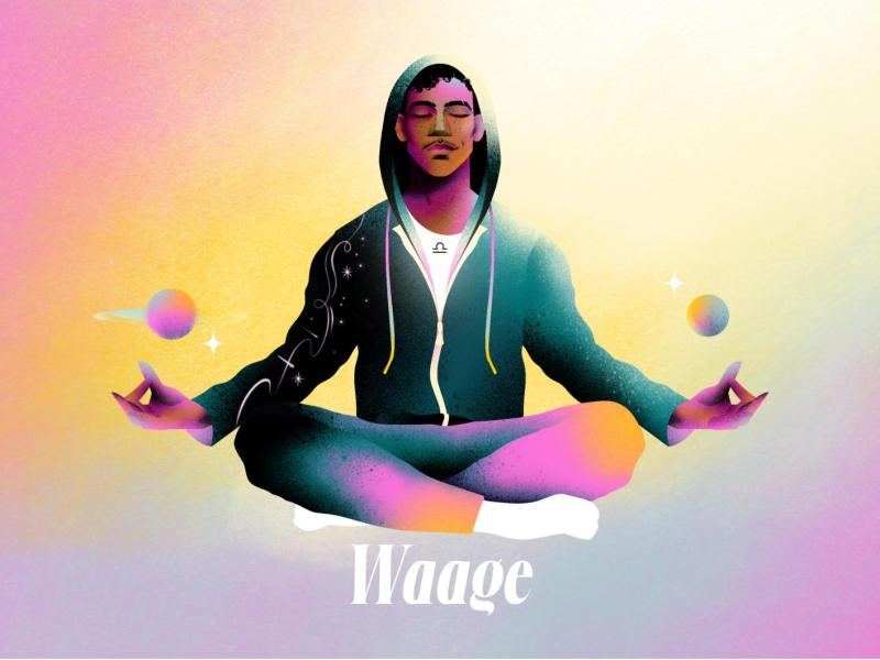 Meditierende Figur mit entspanntem Gesichtsausdruck und galaktischer Jacke balanciert schwebende Planeten im Sonnenlicht.