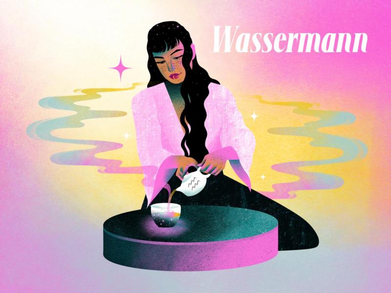 Nachdenkliche Frau in rosa Kimono kniet vor einem runden Tisch und schenkt galaktisches Wasser in ein Glas.