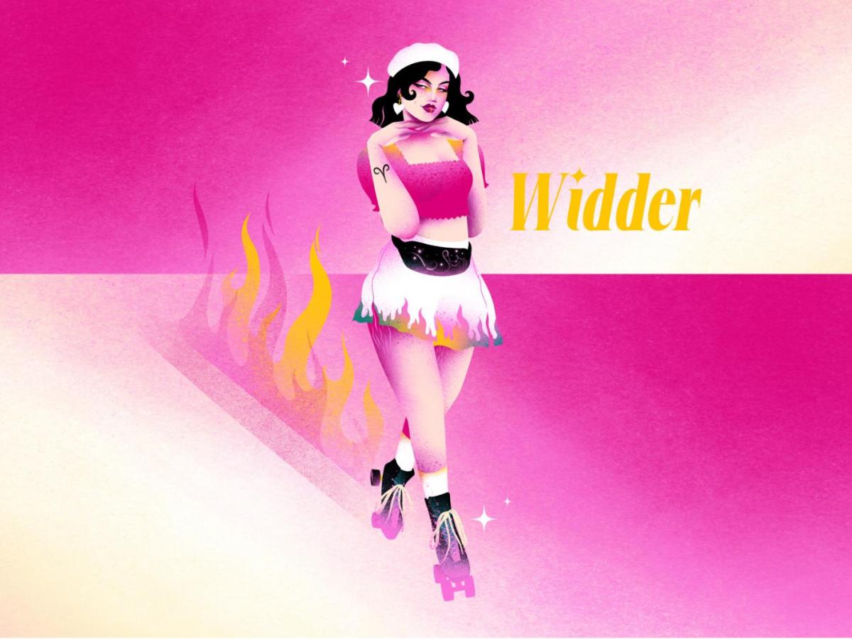 Stylisierte Widder-Frau mit Stirnband und Flammenmotiv auf Minirock f&auml;hrt vertr&auml;umt auf Rollschuhen durch rosa Licht.