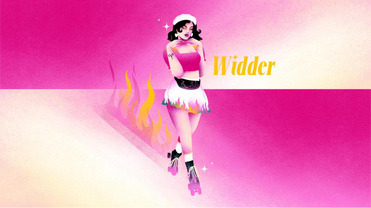 Stylisierte Widder-Frau mit Stirnband und Flammenmotiv auf Minirock fährt verträumt auf Rollschuhen durch rosa Licht.