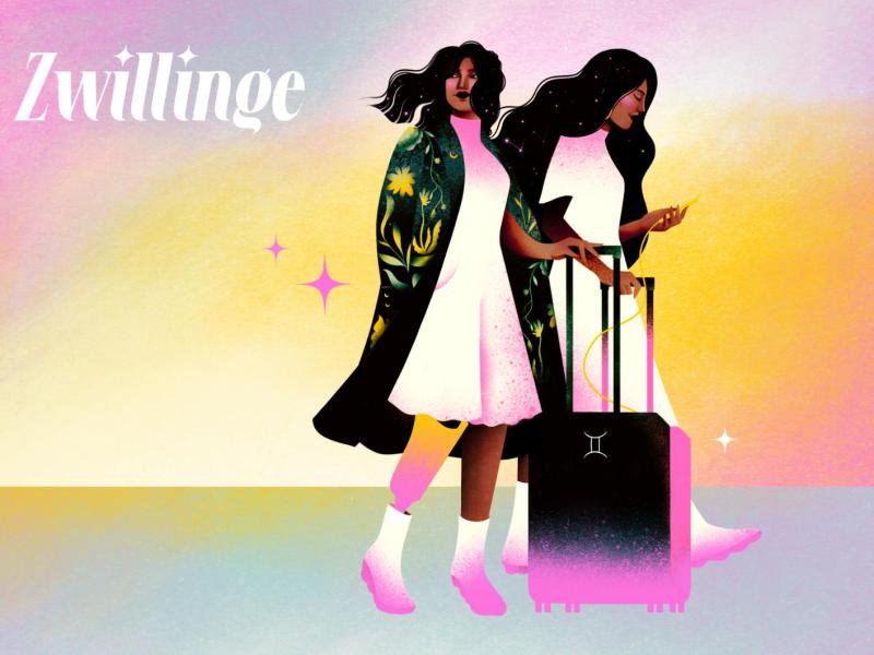 Stilisierte Zwillinge mit langen dunklen Locken, rosa-wei&szlig;er Kleidung und Rollkoffer vor sanftem Farbverlauf in Gelb und Rosa.