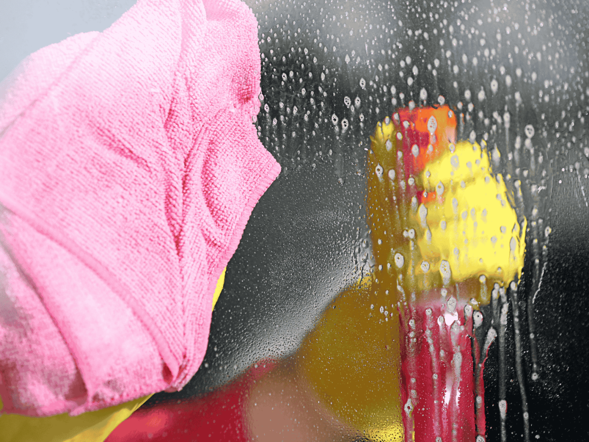 Person spr&uuml;ht Fenster ein und wischt mit Tuch nach.