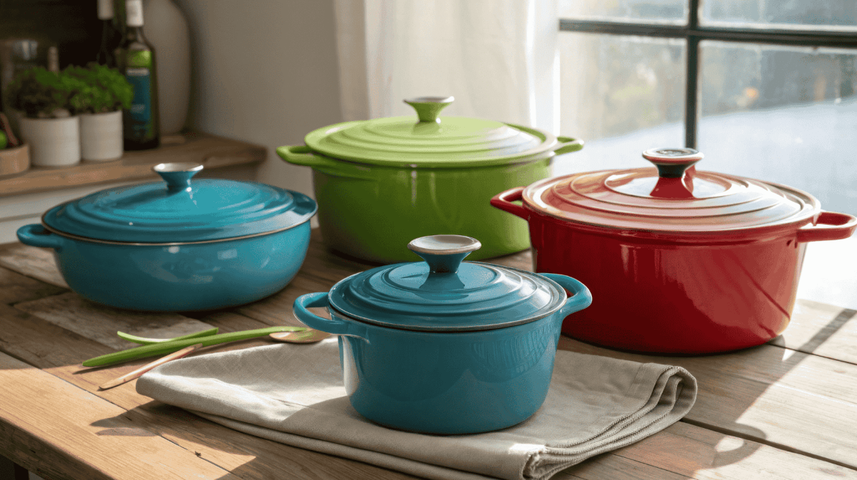 Mehre bunte Gusseisentöpfe auf einem Küchentisch.